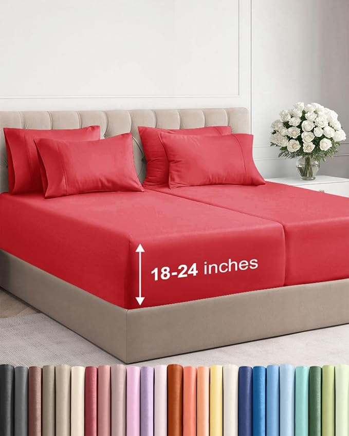 Extra Deep Split King Sheet Set - 7 Piece Breathable and Cooling Sheets - Hotel Luxury Bedding for Women, Men, Kids & Teens - Easy Secure Fit - Soft, Wrinkle Free and Comfy - Extra Deep Pockets - Red