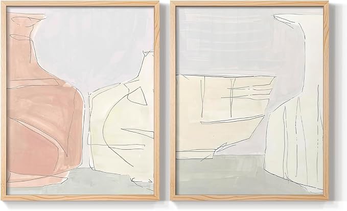 Renditions Gallery Set of 2 Peel & Stick Framed Prints, Neutral Abstract Wall Art, Soft Tones Delicate Linework Wall Decor, Re-Stickable - Ready to Hang - 11"x14" - NATURAL WOOD Frame LT588
