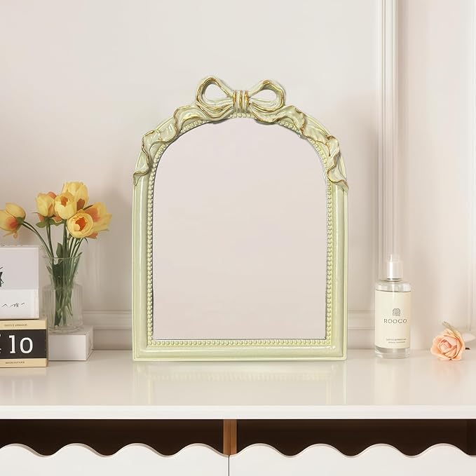 Cream Bow Mirror - 13x10 Inch Elegant Decorative Accent, Wall-Mounted & Tabletop Makeup Mirror for Bedroom Decor