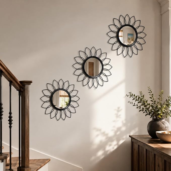 Black Flower Mirror Set of 3, 3PCS Metal Round Decorative Wall Mirrors, Floral Petal Accent Mirror Wall Decor for Living Room, Bedroom, Entryway & Bathroom