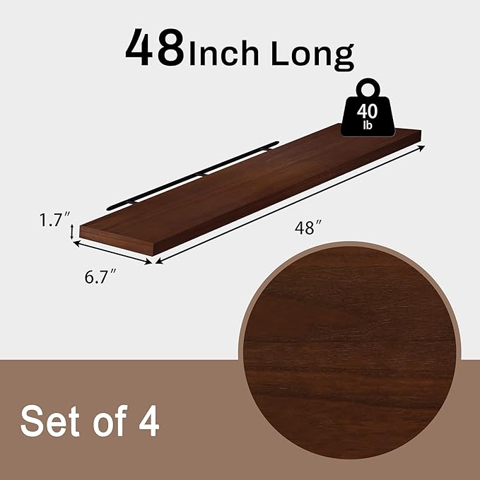 Floating Shelves for Wall, 48 Inch Extra Long Walnut Wall Shelves, Set of 4, Hanging Invisible Brackets Floating Shelves for Living Room,Bedroom,and Kitchen