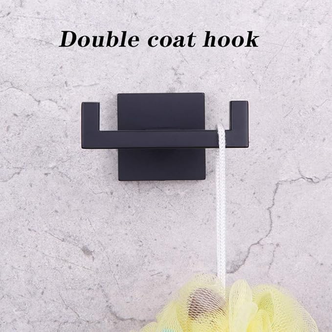GERZWY Bathroom Matte Black Double Coat Hook SUS 304 Stainless Steel Towel/Robe Clothes Hook for Bath Kitchen Modern Hotel Style Wall Mounted AG1407B-BK