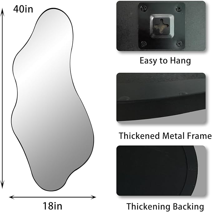 Irregular Wall Mirror, 40"x18" Asymmetrical Bathroom Mirrors with Metal Frame, Odd Shaped Mirror Decorative, Modern Abstract Mirrors for Living Room Bedroom Hallway Entryway Fireplace