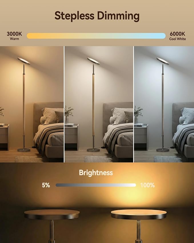 JOOFO Wood Torchiere Floor Lamp, Super Bright Stepless Dimmable LED Uplight Standing Lamp with Remote Adjustable Color Temperature 3000K–6500K with Timer for Living Room Bedroom Office Reading