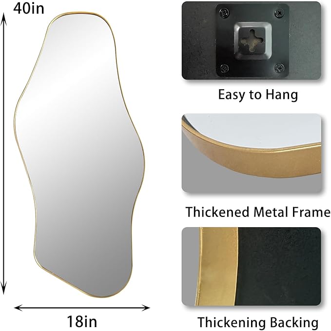 Gold Irregular Mirror, 40"x18" Asymmetrical Mirrors with Metal Frame, Unique Shaped Mirror Decorative, Modern Abstract Mirrors for Living Room Bathroom Bedroom Hallway Entryway Fireplace