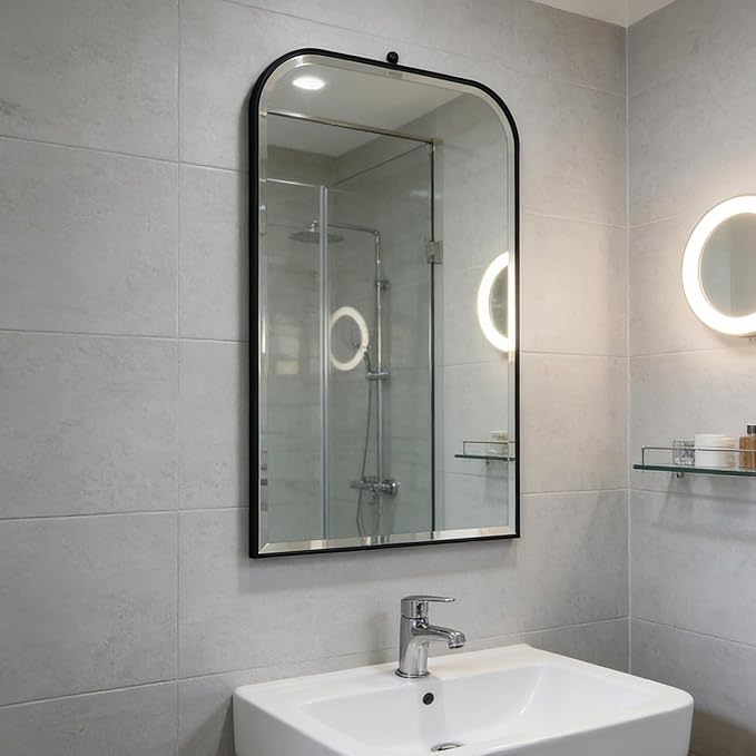 POZINO Beveled Mirror Over Sink, 22"x35" Black Arched Bathroom Mirror, Modern Rounded Rectangle Mirrors with Stainless Steel Frame, Vanity Wall Mirrors for Bedroom Living Room Entryway Fireplace