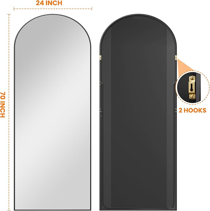TRAHOME Full Length Arched Mirror, 70"x24" Standing Floor Full Body Mirror for Wall with Aluminum Alloy Frame for Bedroom, Living Room, Dressing Room(Black)
