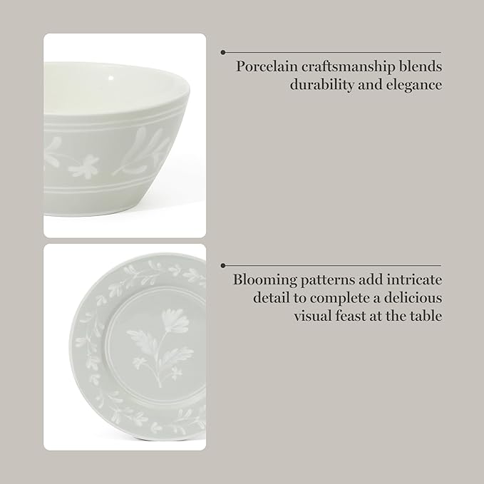 Martha Stewart Maiden Crown 12-Piece Sage Green Dinnerware Set – New Bone China Ceramic Plates & Bowls – Floral Design – Service for 4 – Microwave & Dishwasher Safe