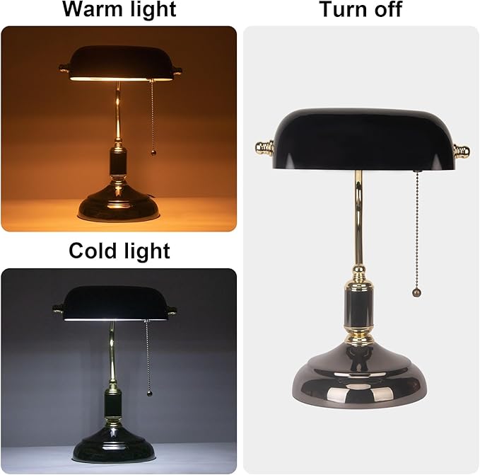 FIRVRE Bankers Desk Lamp with Pull Chain Switch Plug in Fixture, Black Glass Shade Desk Lamps, Golden and Black E26 Base, Traditional Library Lamp for Office,Piano,Study Room