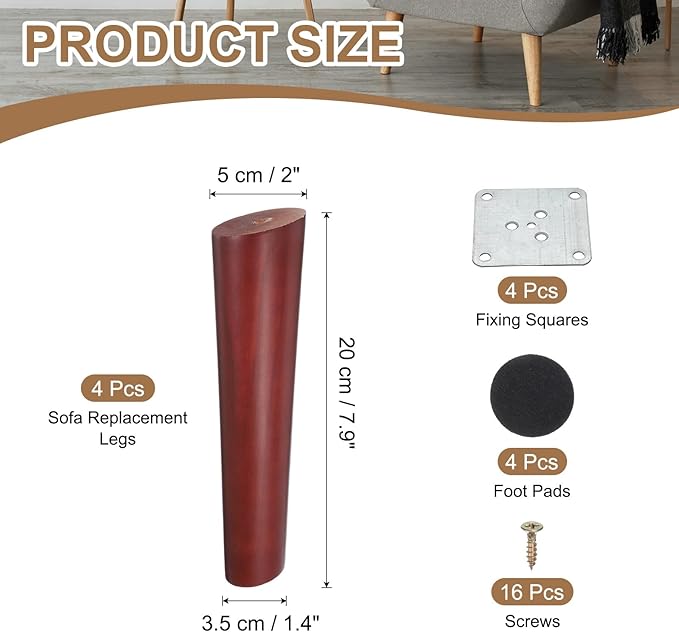 PATIKIL Wood Furniture Legs, 4Pcs 8" Tapered Replacement Sofa Leg for Chair Couch Bed Coffee Table Dresser, Red Walnut
