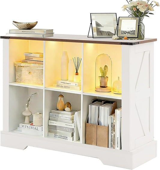 6 Cube Storage Organizer, 2 Tier Bookshelf for Living Room, Farmhouse Bookcase with Led, Kids Toy Storage Cabinet, Wall Cubby Shelves for Home Decor, Wood Display Cabinet for Bedroom, White