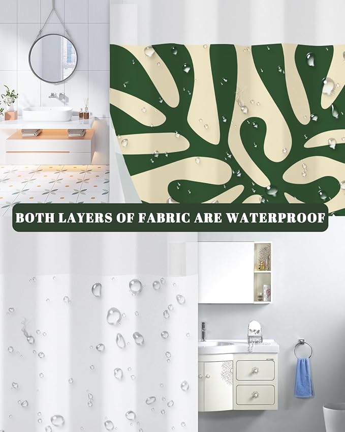 No Hook Shower Curtain and Snap in Liner Set, Matisse-Inspired Abstract Green Botanical Shower Curtains for Mid-Century Modern Boho Bathroom, Mesh Top Waterproof Bath Curtain, 71Wx74H