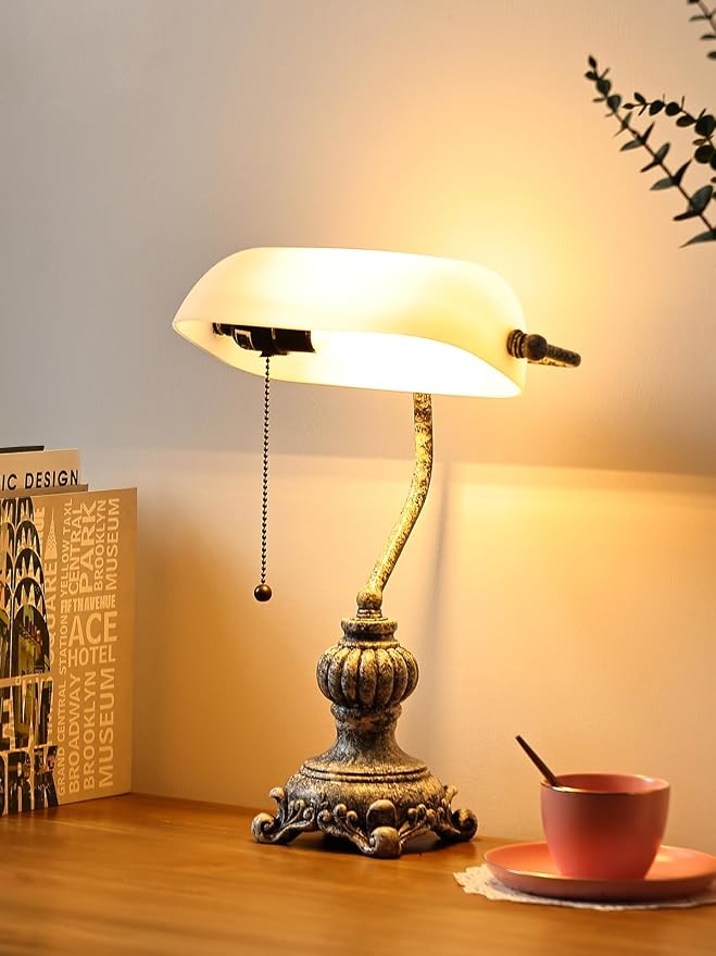 Retro White Matted Glass Bankers Desk Lamp for Home Office,Library with Pull Chain Switch Plug in Fixture, LED Bulb Included