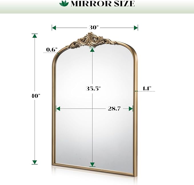 Vintage Baroque Arched Wall Mirror, 30"x40" Antique Gold Bathroom Wall Mirrors, Large Ornate Arch Bronze Mirror for Over Sink, Fireplace, Entryway, Living Room, Hanging or Leaning