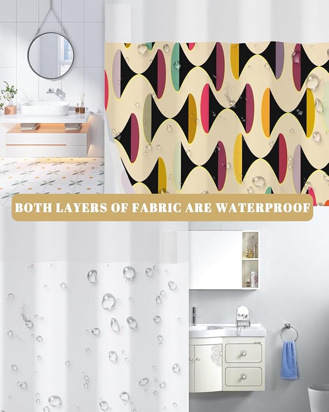 No Hook Shower Curtain with Snap in Liner Set, Mid Century Modern Geometric Abstract Print Shower Curtains for Bathroom, Waterproof Bath Tub Curtain with Mesh Top, 71W x 74H