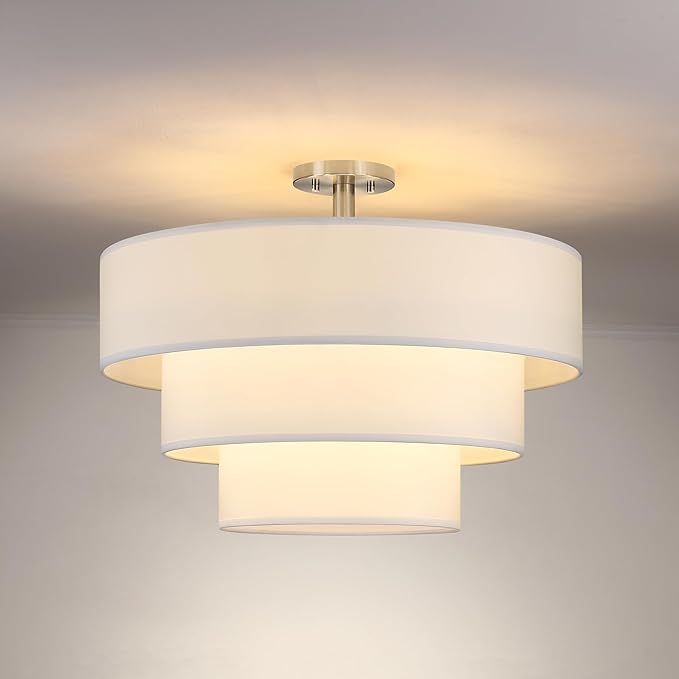 Doraimi Lighting 3 Tier White Linen Drum Fabric Semi Flush Mount Light Modern Farmhouse Decor 7 Light 24 Inch Brushed Nickel Finish for Kitchen Living Room Dining Room Corridor Hallway
