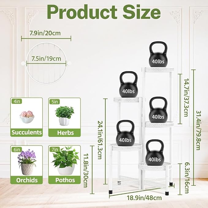 iDavosic.ly Plant Stand Indoor Outdoor, 5 Tier Corner Metal Flower Display Holder Shelf, Folding Tall Orchid Rack for Patio Balcony Porch Garden Living Room House, Wrought Iron - White