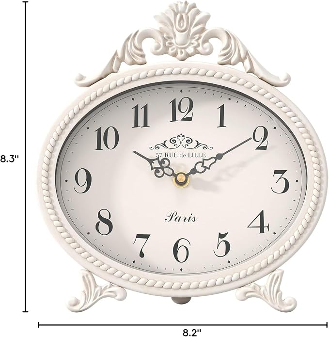 Abdurey Vintage Table Clock on Stand,Desk and Shelf Decorative Clock,French Rustic Style Mantel Clocks,Metal Frame Antique White Finish,Farmhouse,Bedroom, Bedside,Living Room,Gift Clocks