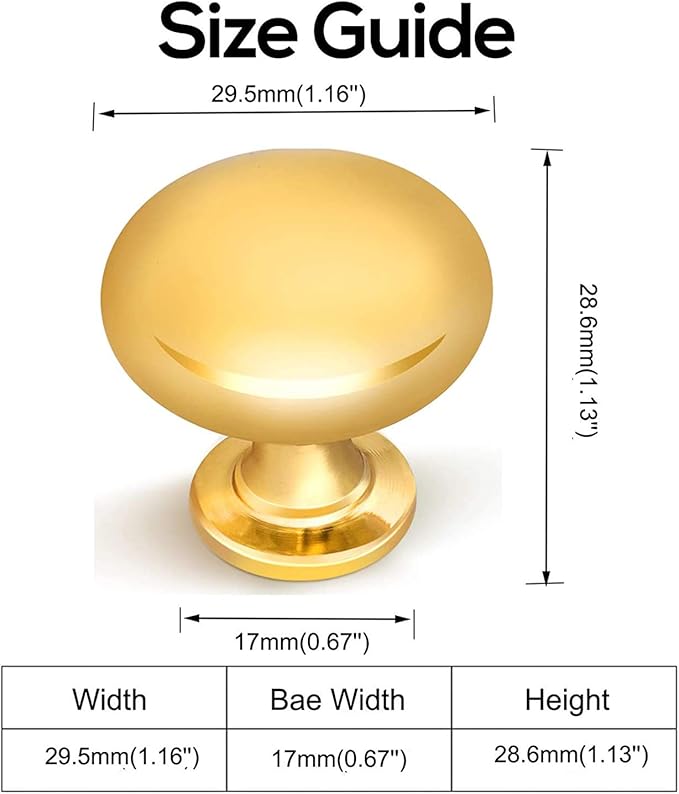6 Pack Polished Gold Cabinet Knob Solid Kitchen Drawer Hardware,Antique Gold Drawer Dresser Round Knob Euro Style Furniture Hardware,Diameter:1-1/5 "