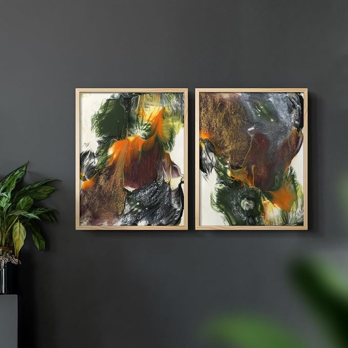Renditions Gallery Set of 2 Peel & Stick Framed Prints, Watercolor Abstract Wall Art, Colorful Fluid Design Wall Decor, Re-Stickable - Ready to Hang - 11"x14" - NATURAL WOOD Frame LT588