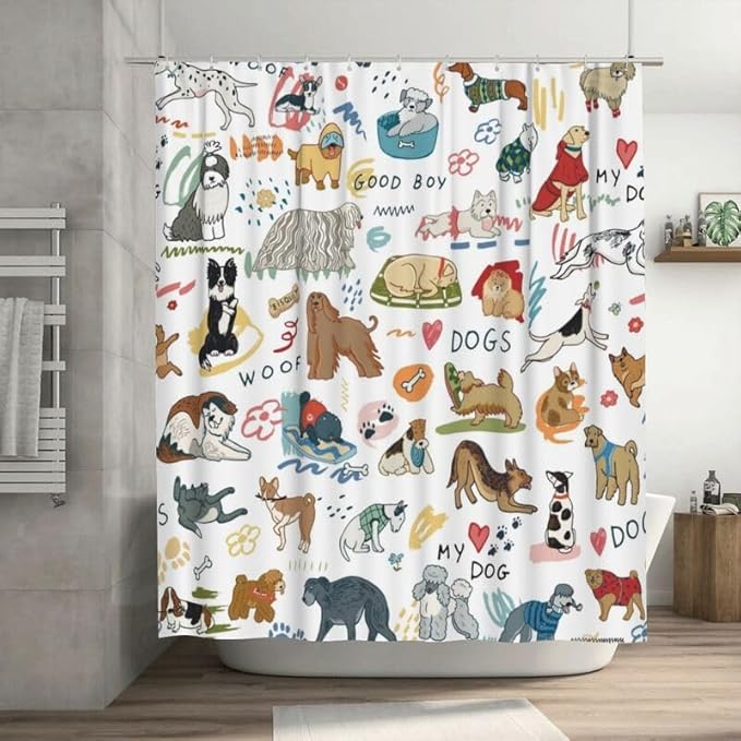 Dog Print Shower Curtain Different Types Cartoon Puppy Dog Pattern Duty Fabric Shower Curtains Set Bathroom Polyester Waterproof with 12 Hooks, 66x72Inch（168x183cm）