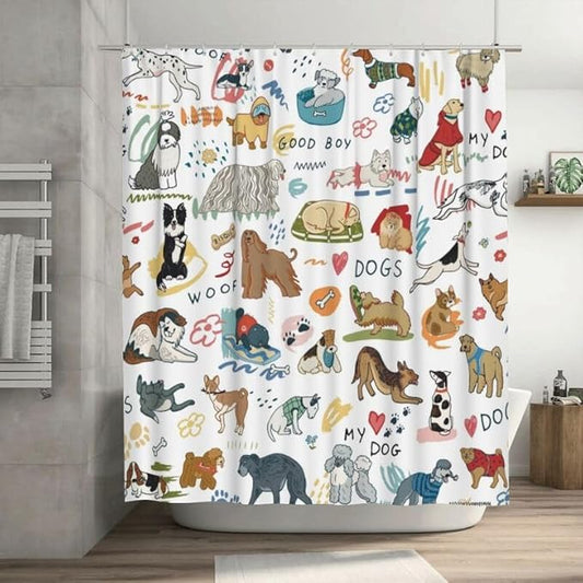 Dog Print Shower Curtain Different Types Cartoon Puppy Dog Pattern Duty Fabric Shower Curtains Set Bathroom Polyester Waterproof with 12 Hooks, 66x72Inch（168x183cm）