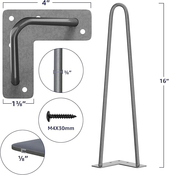 SMARTSTANDARD 16 Inch Heavy Duty Hairpin Furniture Legs, Metal Home DIY Projects for Nightstand, Coffee Table, Desk, etc with Rubber Floor Protectors Grey 4PCS