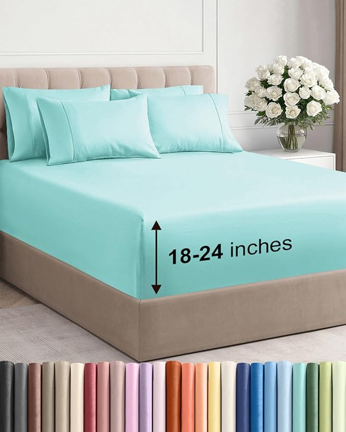 Extra Deep Full Sheet Set - 6 Piece Breathable and Cooling Sheets - Hotel Luxury Bedding for Women, Men, Kids & Teens - Easy & Secure Fit - Soft, Wrinkle Free and Comfy - Extra Deep Pockets - Spa Blue