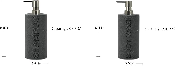 Resin 2 Pack Shampoo, Conditioner or Body Wash Dispenser Set, Luxurious Refillable Pump Bottles with Matte Pump Top and Embossed Text, Durable Design for Bathroom and Shower