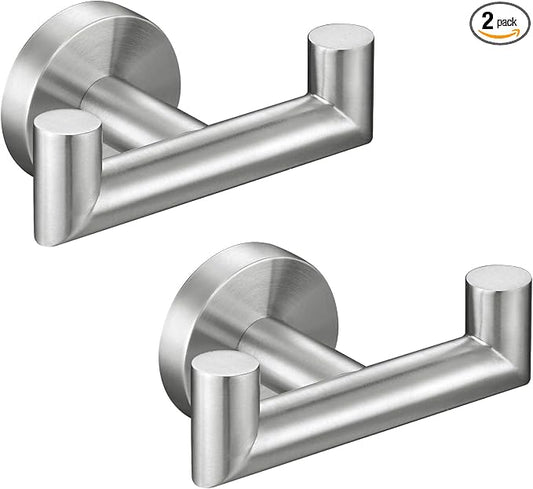 Angle Simple Towel Hook Brushed Nickel 2 PCS, SUS304 Stainless Steel Double Robe Hook, Bathroom Towel Holder, Wall Mount