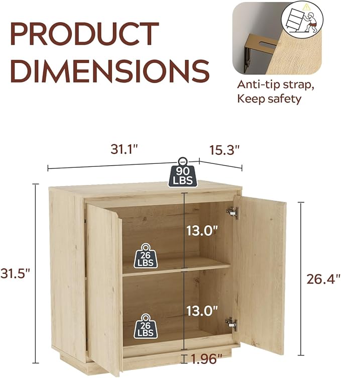 1pcs Sideboard Cabinet Buffet Cabinet with Storage with Adjustable Shelves and Handle-Free Design Suitable for Kitchens,Hallway,and Living Rooms Light Oak
