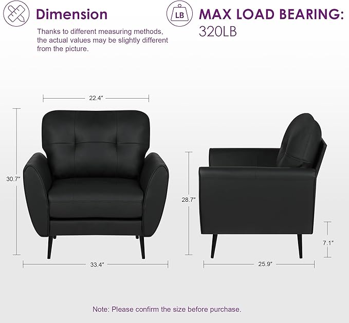 TYBOATLE Accent Chair Comfy Modern Living Room Chair Black Leather Reading Accent Chairs Tufted Mid Century Moden Arm Chair Small Salon Chair for Office Bedroom (1, Black)