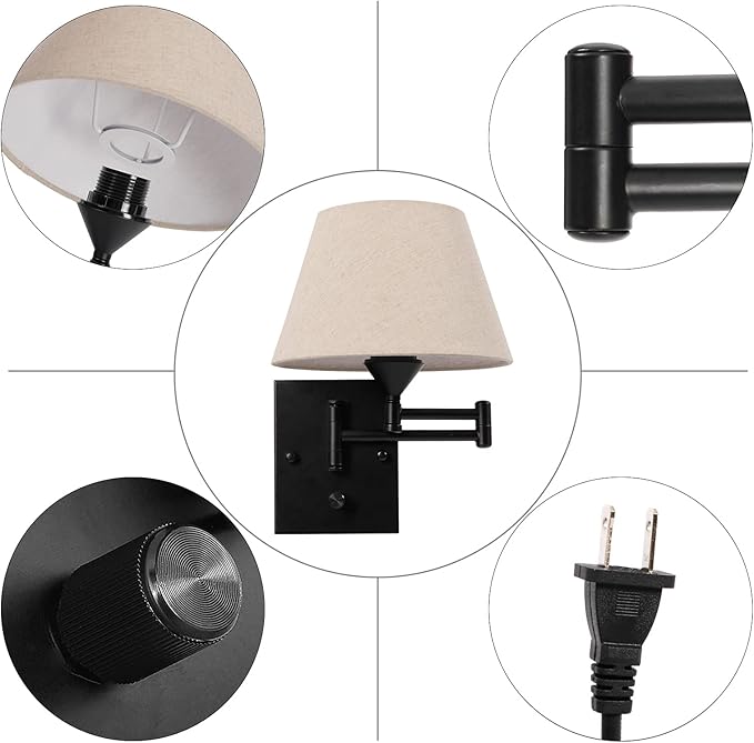Pauwer Plug in Wall Sconce Set of 2 Swing Arm Wall Lamp with Plug in Cord and Fabric Shade Wall Light Fixtures for Hallway Bedroom Living Room (Beige Shade)