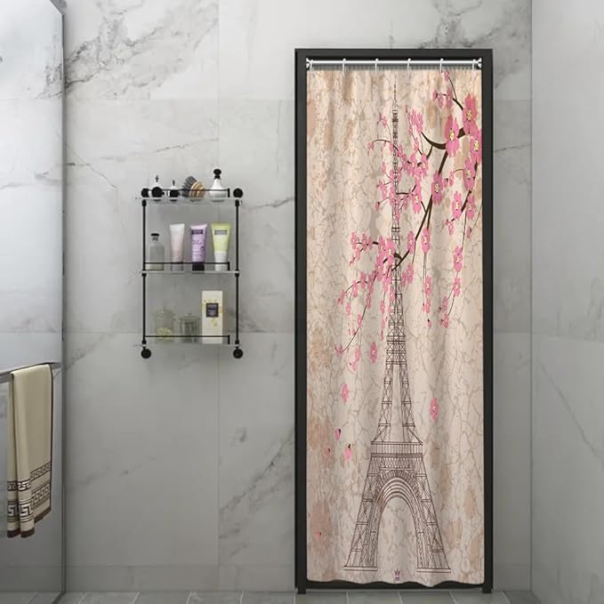Paris Eiffel Tower Shower Curtain Pink Cherry Blossom Vintage Romantic France Scenery Shower Curtains Stall Bathroom Accessories Waterproof Polyester Fabric with Hooks, 36 x 72 Inch