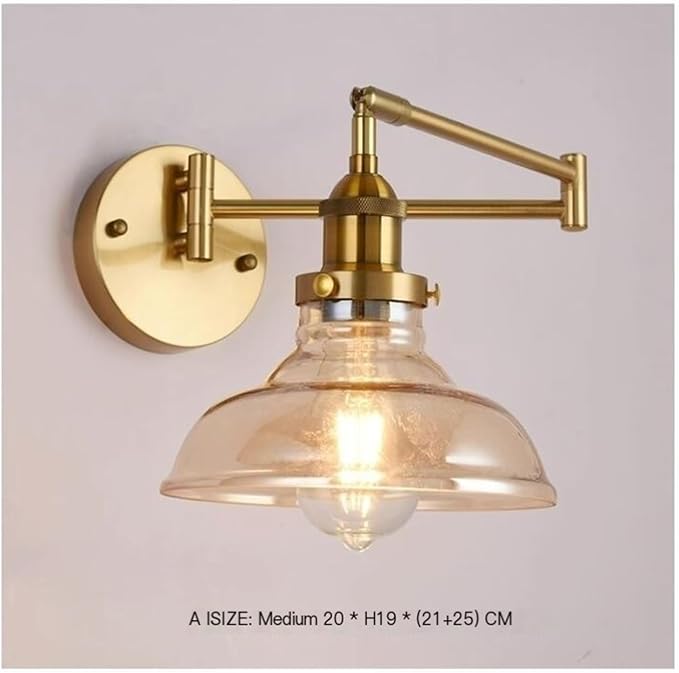 Folding Wall Lamp Retro Rocker Arm Wall Lamp Bedroom Bedside Lamp Iron + Glass Art Living Room Study Reading Wall Sconce Swing Arm Adjustable Vintage Wall Mount Light Sconce (Color : A)