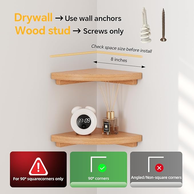 Floating Corner Shelves Oak 8", Solid Oak Wall Mounted Wooden Display Storage Rack with Wire Hole for Plants, Photos, Speakers, Bedroom, Kitchen, Living Room Décor - 1-Pack