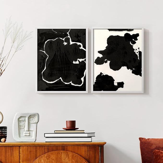 Renditions Gallery Set of 2 Peel & Stick Framed Prints, Fluid Abstract Wall Art, Black and White Inkblot Wall Decor, Re-Stickable - Ready to Hang - 22"x28" - White Frame LT588