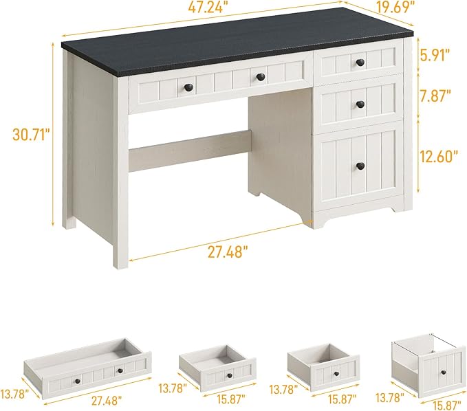 Vabches Farmhouse Executive Desk with 4 Drawers, Home Office Desk with File Drawer, Wood Computer Desk with Storage, Rustic Office Desk for Work Study Writing, Black White