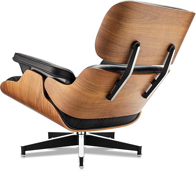 Mid Century Chaise Lounge Chair and Ottoman, Reading Chair, Leather Accent Chair, Modern Chair, Classic Design, Heavy Duty Base Support for Living Room Lounge Office (Walnut-Black, Tall)