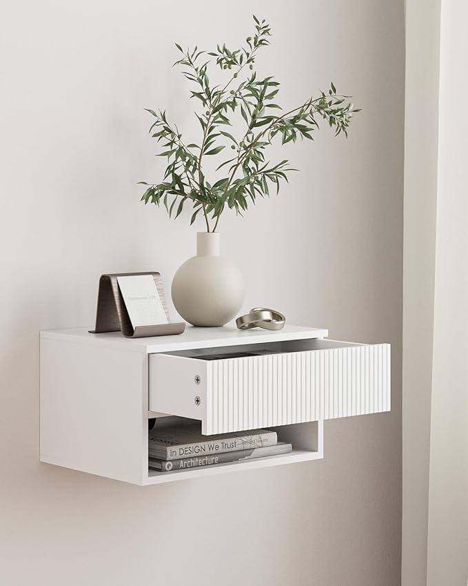 Modern Small Nightstand with Drawer, Floating Shelves for Bedroom, Bathroom (White Stripe)