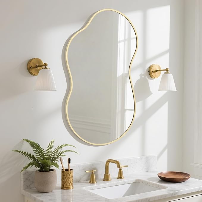 HOMECOOKIN 36" H x 20" W Irregular Wall Mirror, Asymmetrical Decorative Mirror with Gold Aluminum Frame, Wavy Abstract Gold Mirror, for Living Room, Bedroom, Bathroom, Entryway, Cloakroom