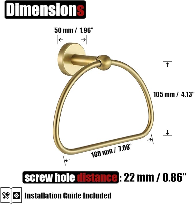 JQK Towel Ring Light Gold, Stainless Steel Half Ring Towel Holder for Bathroom, 7 Inch Brushed Golden Wall Mount, TR160-BG