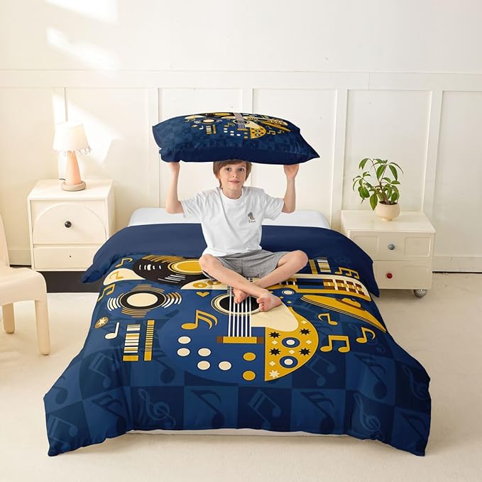 Erosebridal Retro Music Duvet Cover Twin for Boys Men - Abstract Instruments Guitar Bedding Set Vinyl Record Rock Roll Comforter Cover,Checkered Musical Notes Bed Set