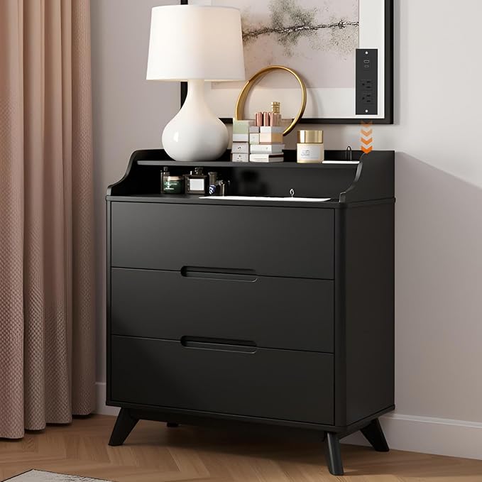 3 Drawer Dressers for Bedroom, 32" Large Wood Storage Dresser & Chest of Drawers with Charging Station, Wide Modern Dressers with 3 Drawer Storage Organizer for Bedroom Living Room Closet, Black