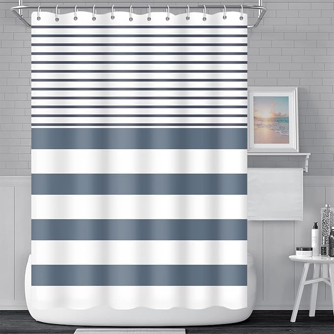 Abstract Stripes Fabric Bathroom Shower Curtain - Navy Blue Lines Modern Minimalist Shower Curtain with Hooks - Polyester Waterproof Artistic Decor, 72x96 Inch