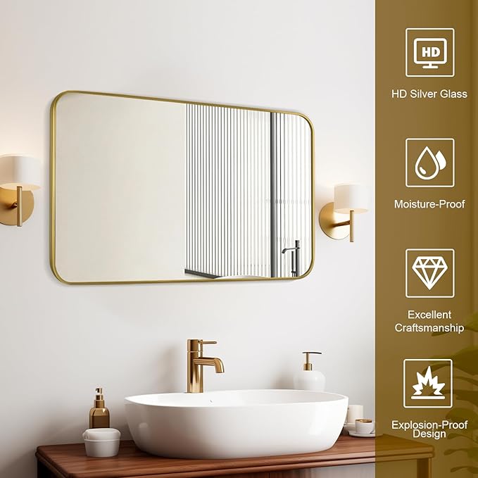 Gold Wall Mirror for Bathroom 30X48 Inch Stainless Steel Metal Frame Bathroom Vanity Mirror Rounded Rectangle Mirror Rustproof for Entryway, Living Room Hangs Vertically or Horizontally