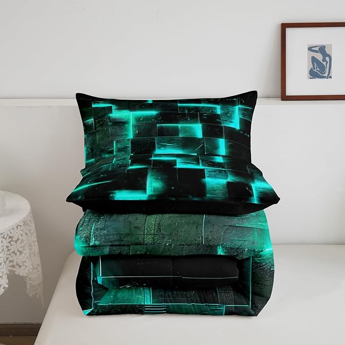 Teal and Black Bedding King 3D Glowing Buffalo King Comforter Set, Modern Abstract Art Bedding Comforter Sets Geometric Plaid Duvet Insert, Gradient Futuristic Cubes Down Comforter (Black Reversible)