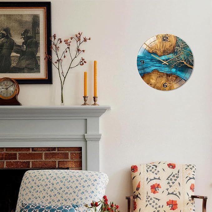 24 Inch Blue River Glass Wall Clock Silent Modern Art Decor | Silent glossy resin and wood-style wall clock perfectly tracks time, adding modern art to your living room