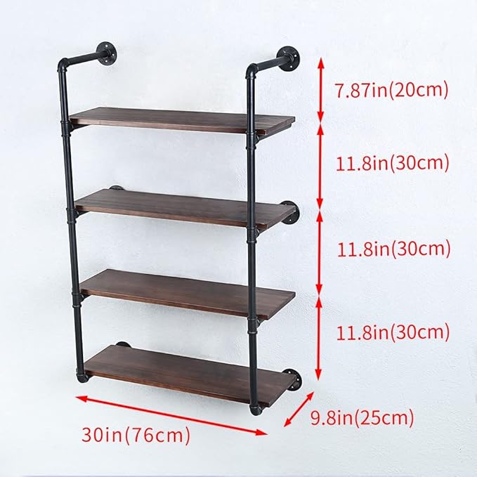 Industrial Pipe Shelving Wall Mounted,30in Rustic Metal Floating Shelves,Steampunk Real Wood Book Shelves,Wall Shelf Unit Bookshelf Hanging Wall Shelves,Farmhouse Kitchen Bar Shelving(4 Tier)
