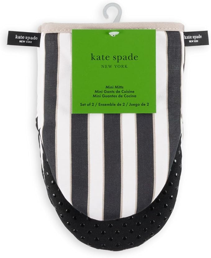 Kate Spade New York Botanical Stripe Mini Oven Mitt 2-Pack Set, 5.5" x 8", Black/Beige
